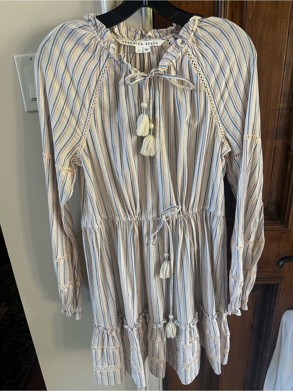 Veronica Beard Striped Tassel-Pull Long Sleeve Dress in Cream, Blue, Tan SMALL